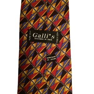 Galli's Mens Silk Tie Geometric‎ Triangle Pattern Red Blue Yellow Handmade Spain